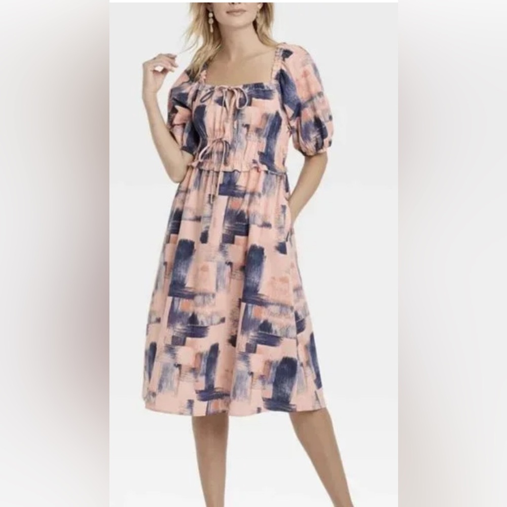 Abstract Print Puff Sleeve Dress